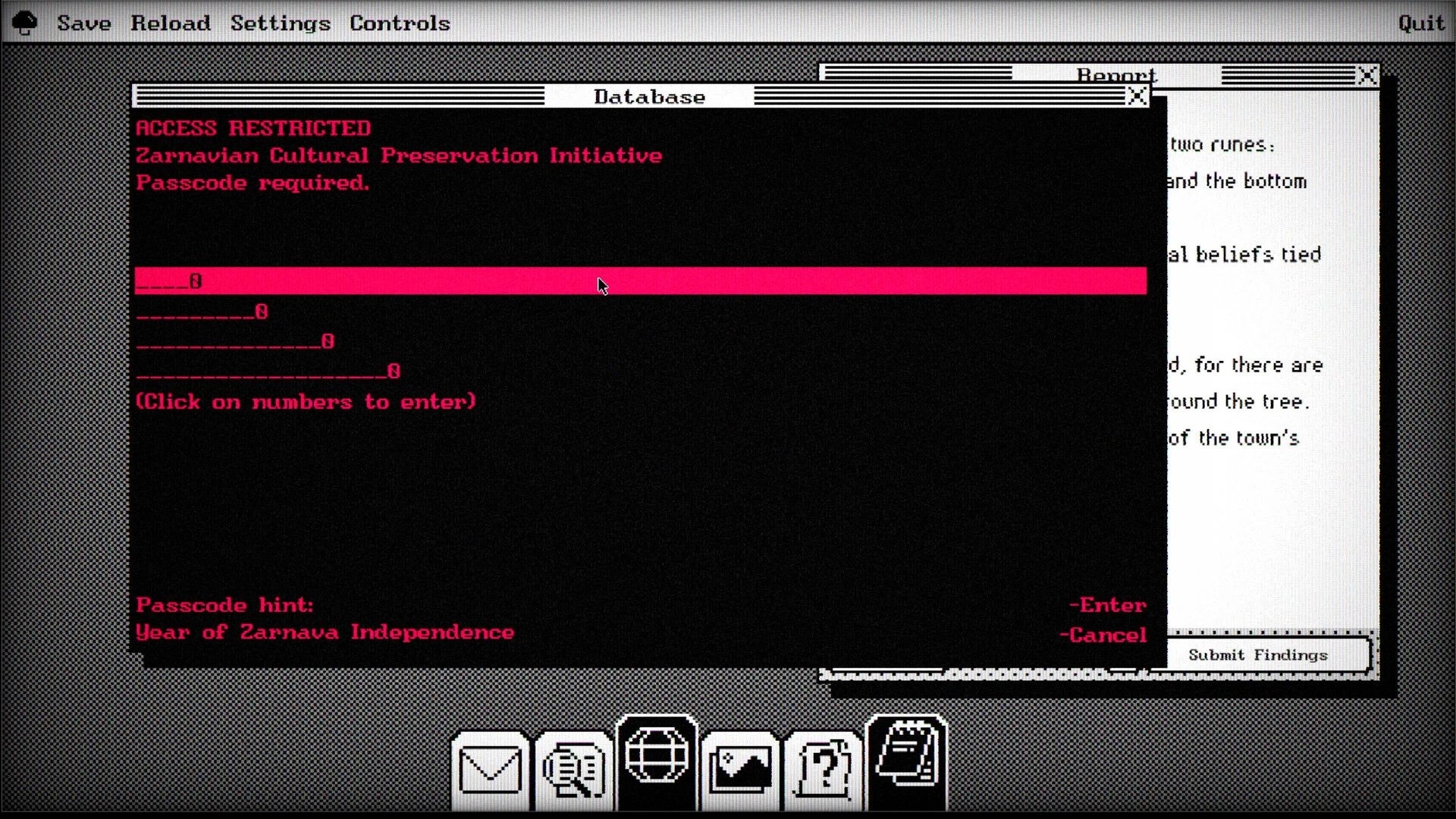 Lost Wiki: Passcode entry screen for Zarnavian Cultural Preservation in a 90s-style interface