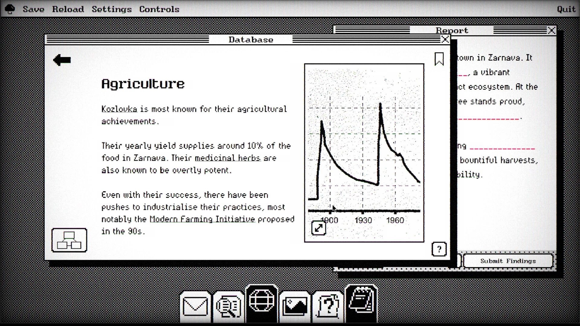 Lost Wiki: Agriculture database entry with graph and text on farming in Kozlovka, 90s interface