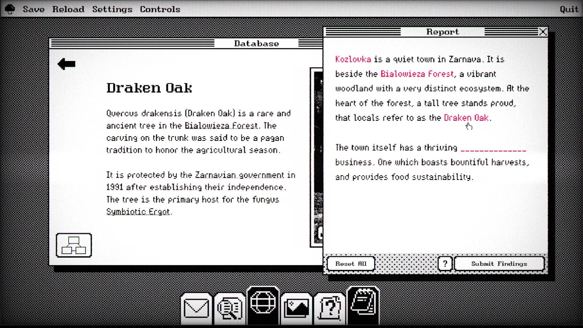 Lost Wiki: Database and report windows open with information about Draken Oak and Kozlovka town