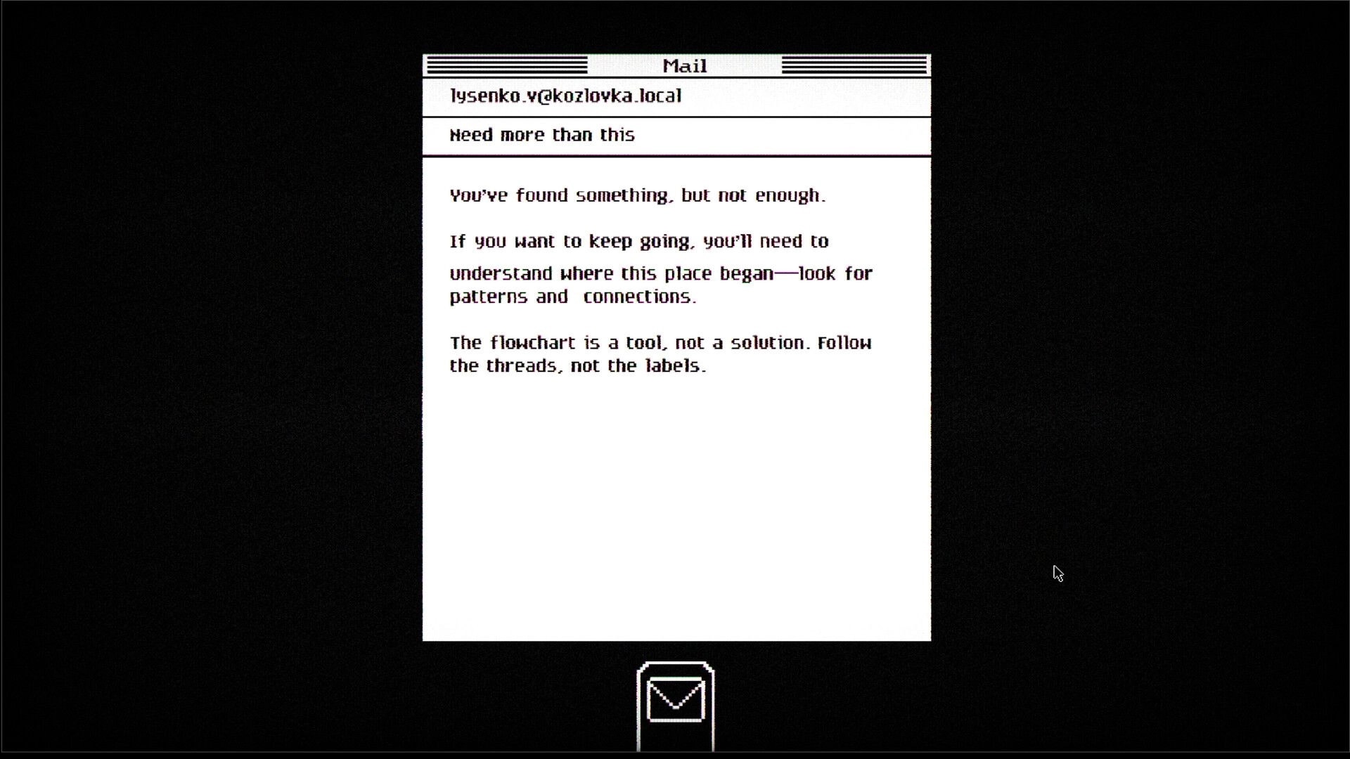Lost Wiki: Email interface displaying a cryptic message from lysenko.v@kozlovka.local to investigate further