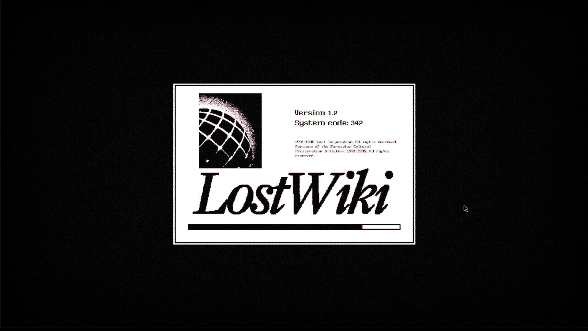 Lost Wiki: Intro screen with version 1.2 and system code 342, featuring a loading bar on dark background.