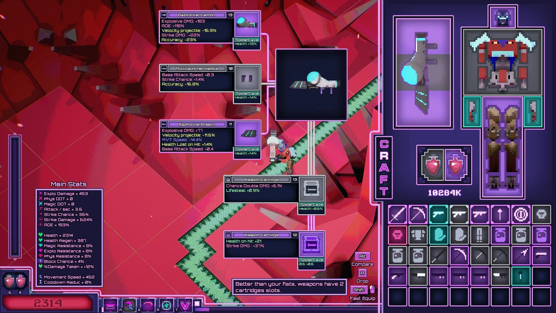 Lostade: Crafting and inventory UI with weapon parts and stats over a red crystal cavern floor.