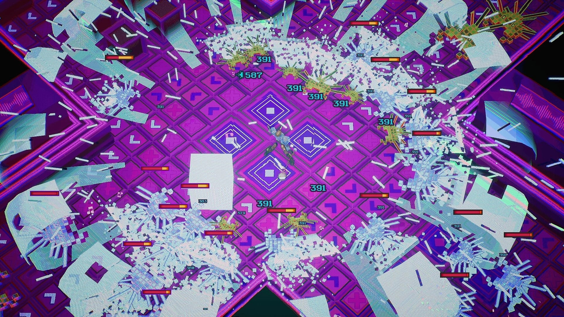 Lostade: Top-down battle with damage numbers and enemy health bars on neon purple tiled arena.