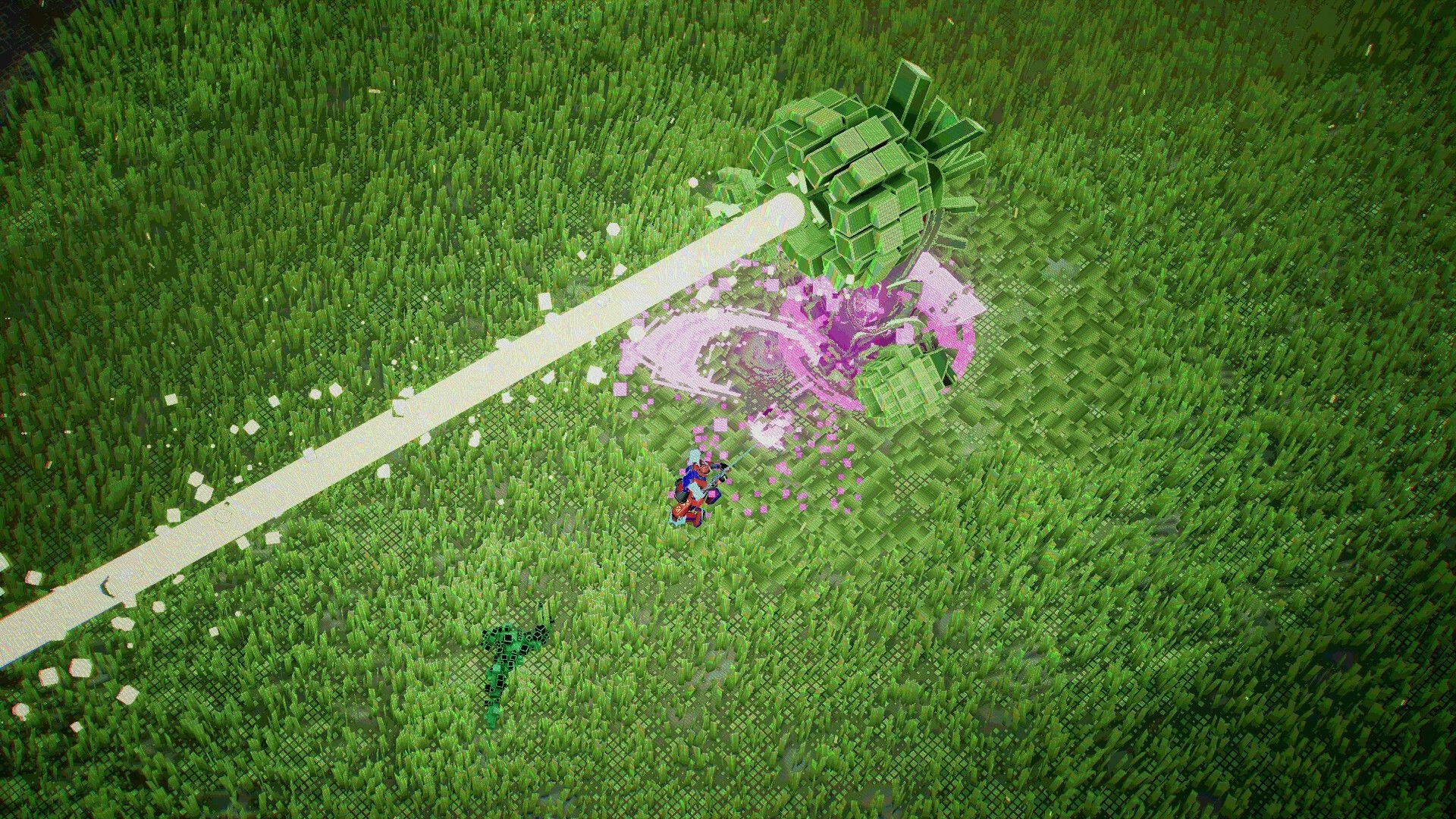 Lostade: Hero attacks a green blocky boss with a bright beam and purple blast in grassy field.