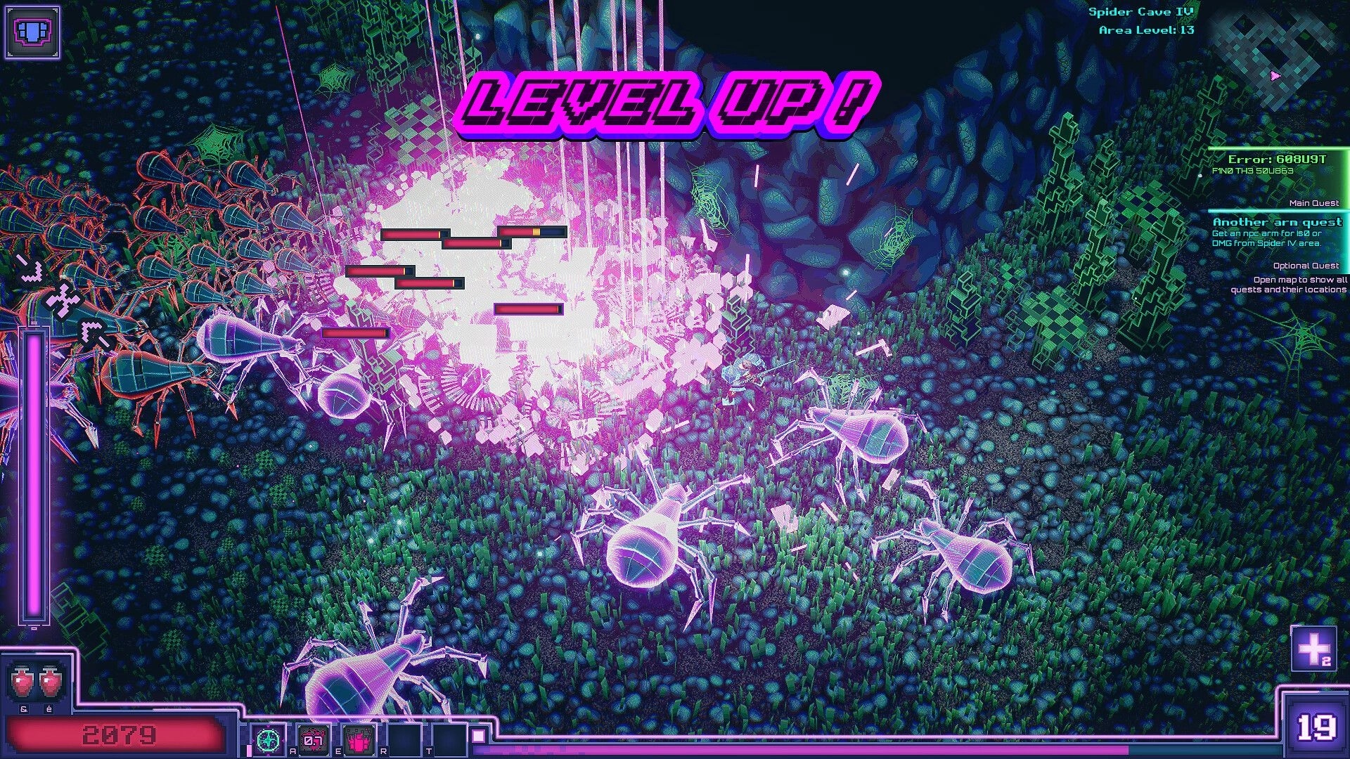 Lostade: Level up banner over glowing explosion amid giant ants in Spider Cave IV cavern UI.