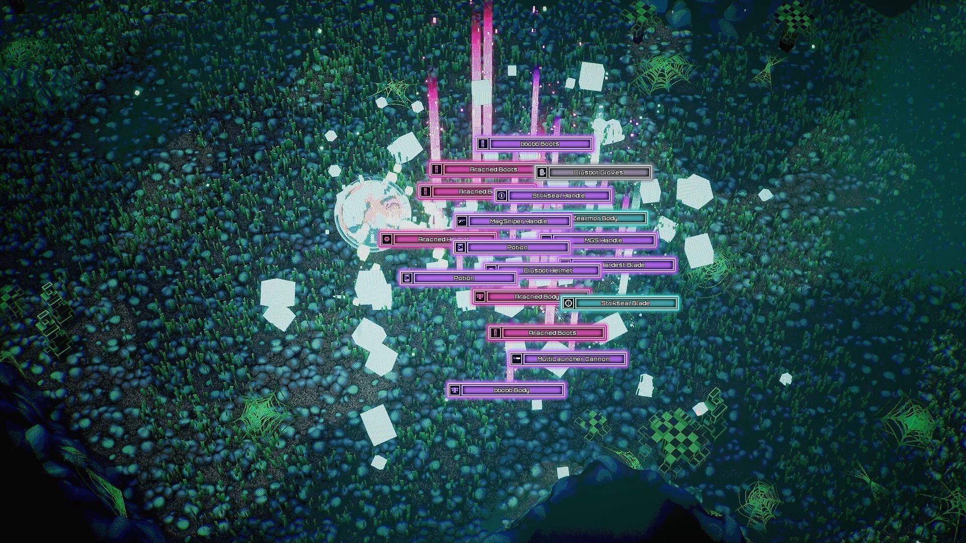 Lostade: Loot labels stacked over glowing drops on grassy ground in a dark, webbed clearing.