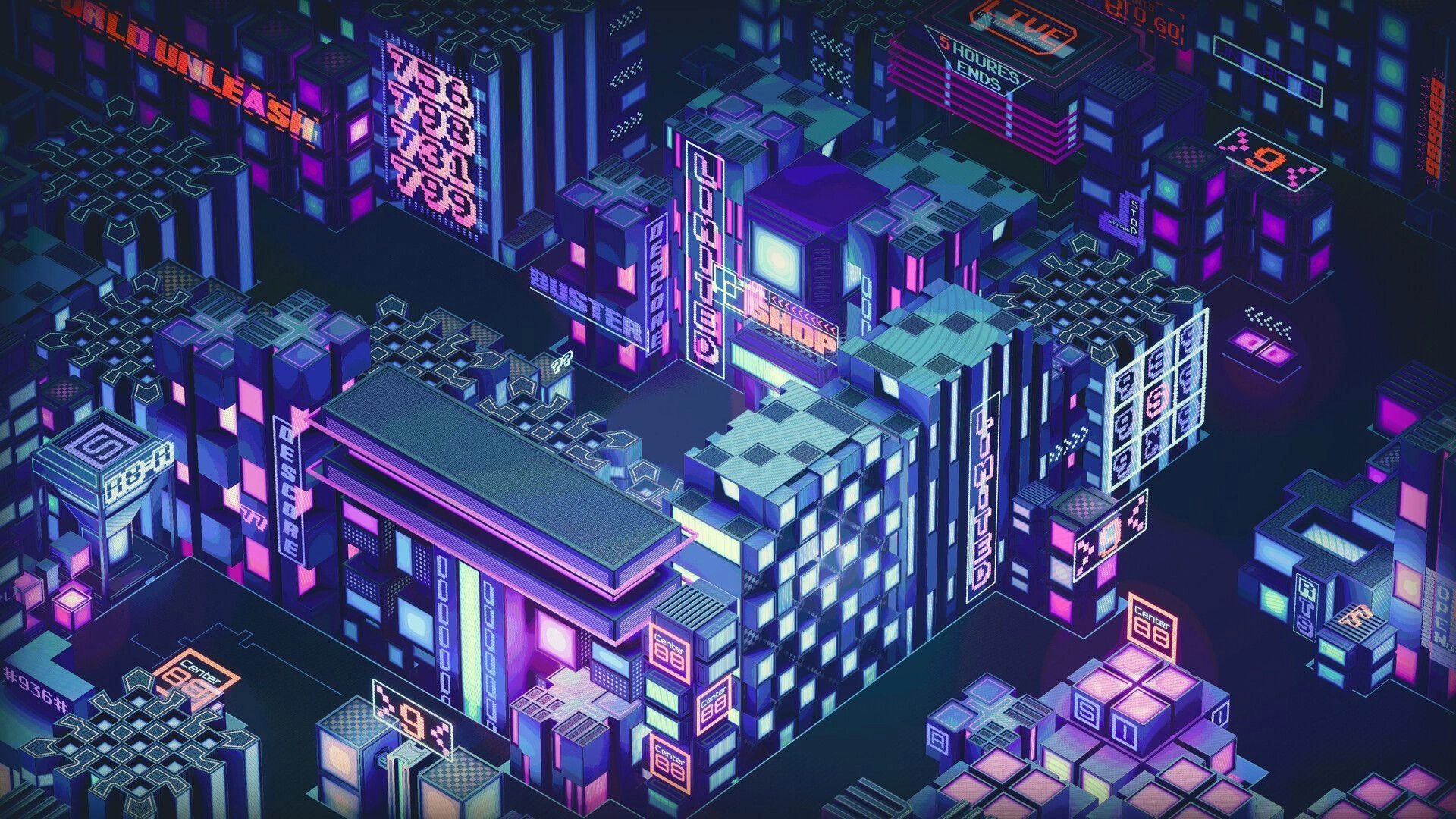 Lostade: Isometric neon city hub with glowing shop signs and blocky buildings in cyber streets.