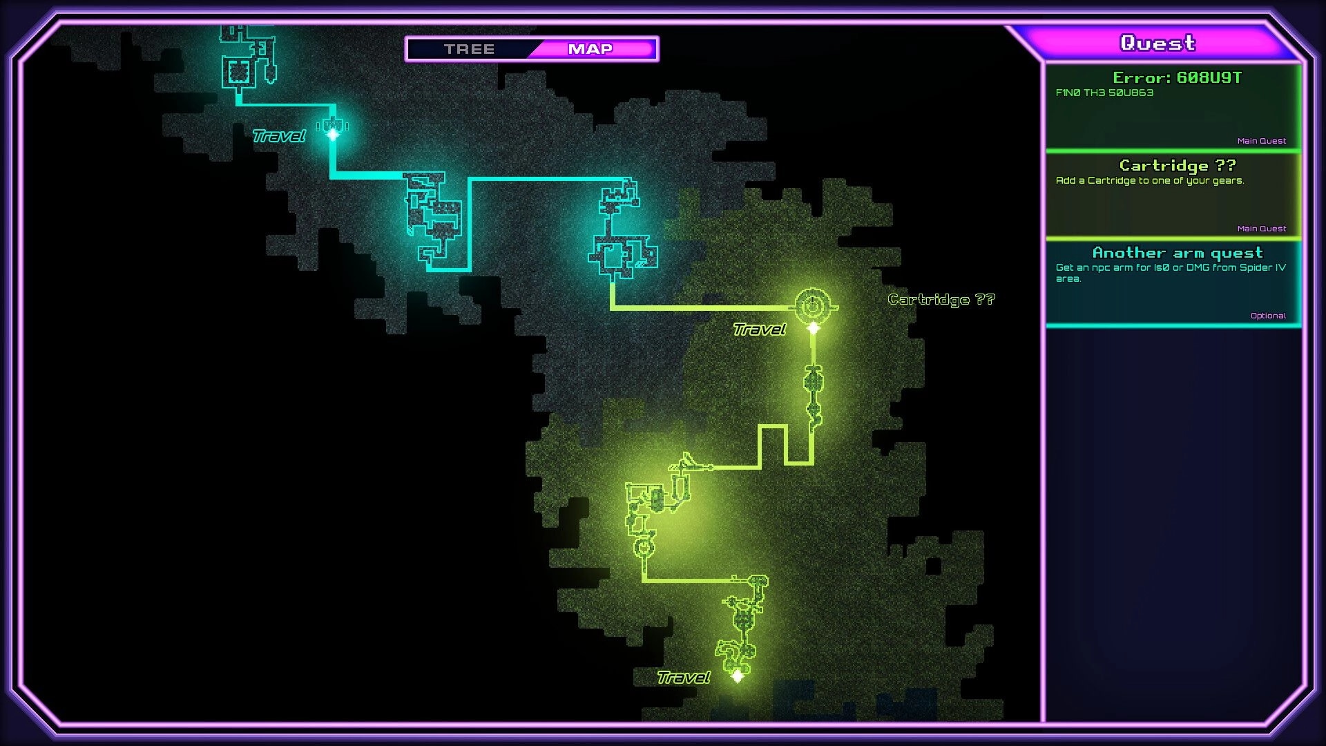 Lostade: Map screen with neon travel routes and quest list panel on the right UI overlay.
