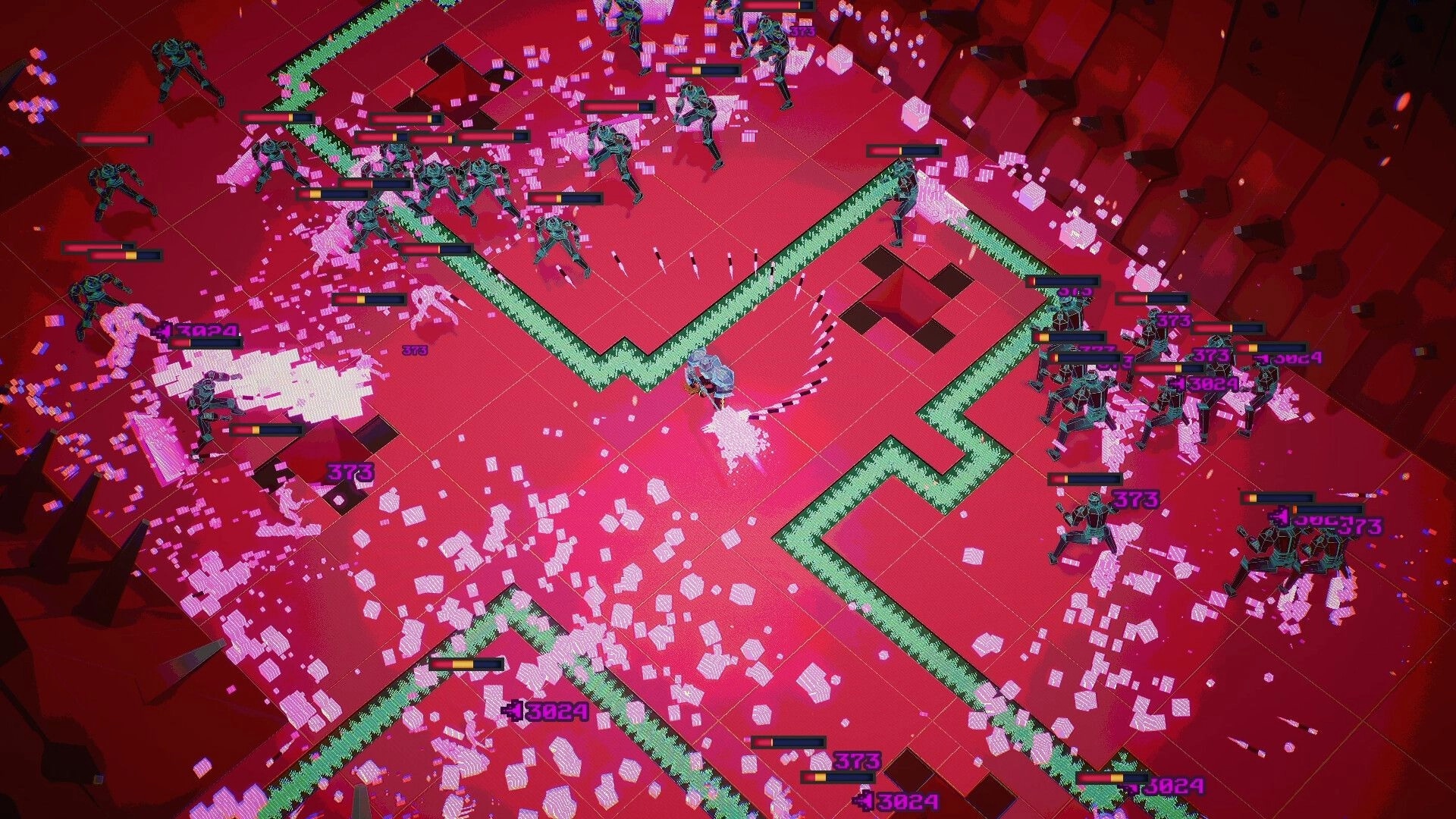 Lostade: Hero unleashes radial projectiles amid swarms with health bars on red grid arena corridors.