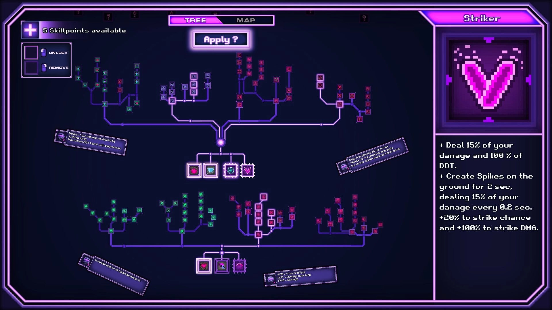 Lostade: Striker skill tree with node branches and Apply button, tooltip panel on dark UI screen.