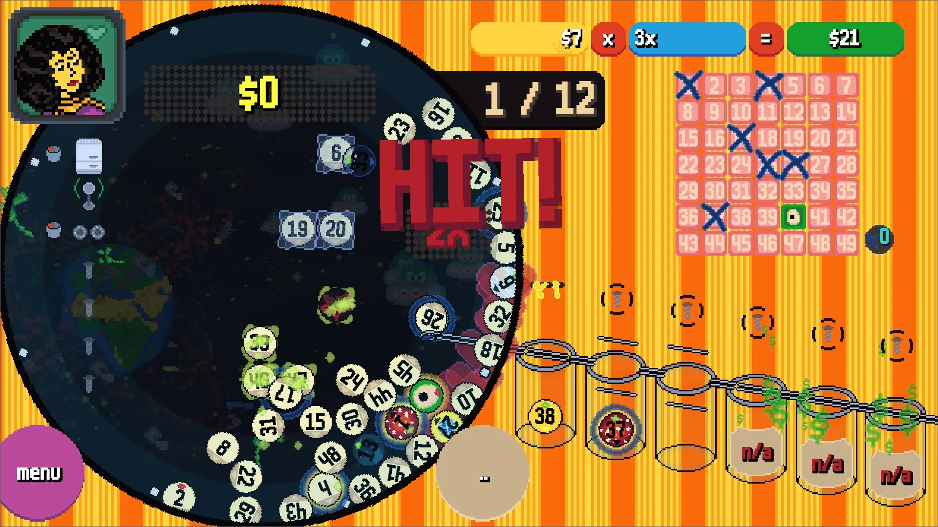 Lottery vs Aliens: Lottery balls collide with "HIT!" text, player portrait, and bingo card on screen.