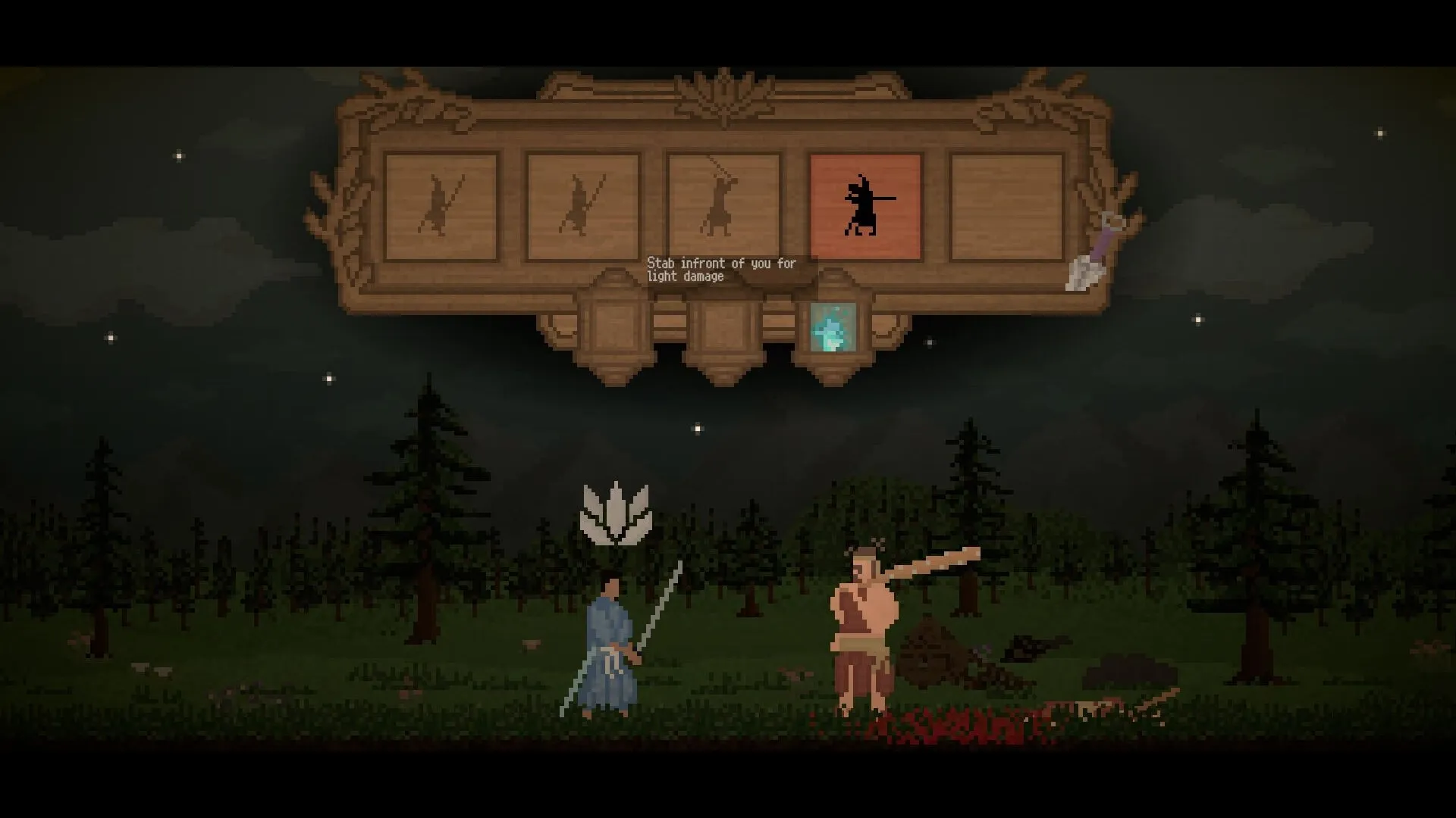 Lotus: Turn-based combat between samurai and enemy in a dark forest with attack options displayed