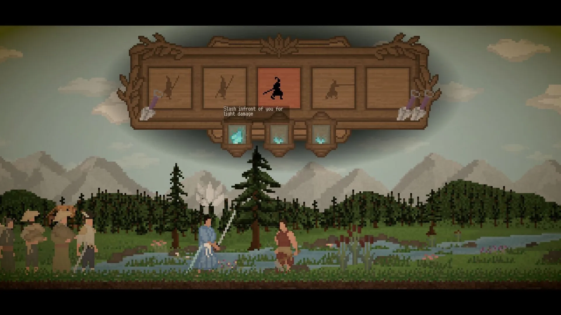 Lotus: Turn-based combat with samurai facing enemy in forest clearing, action menu above scene