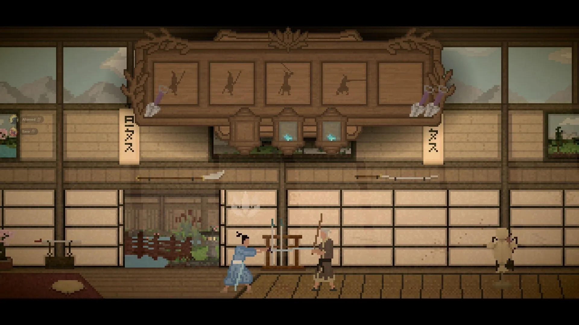 Lotus: Atsushi duels an opponent in a traditional dojo with decorative wooden panels and weapons displayed.