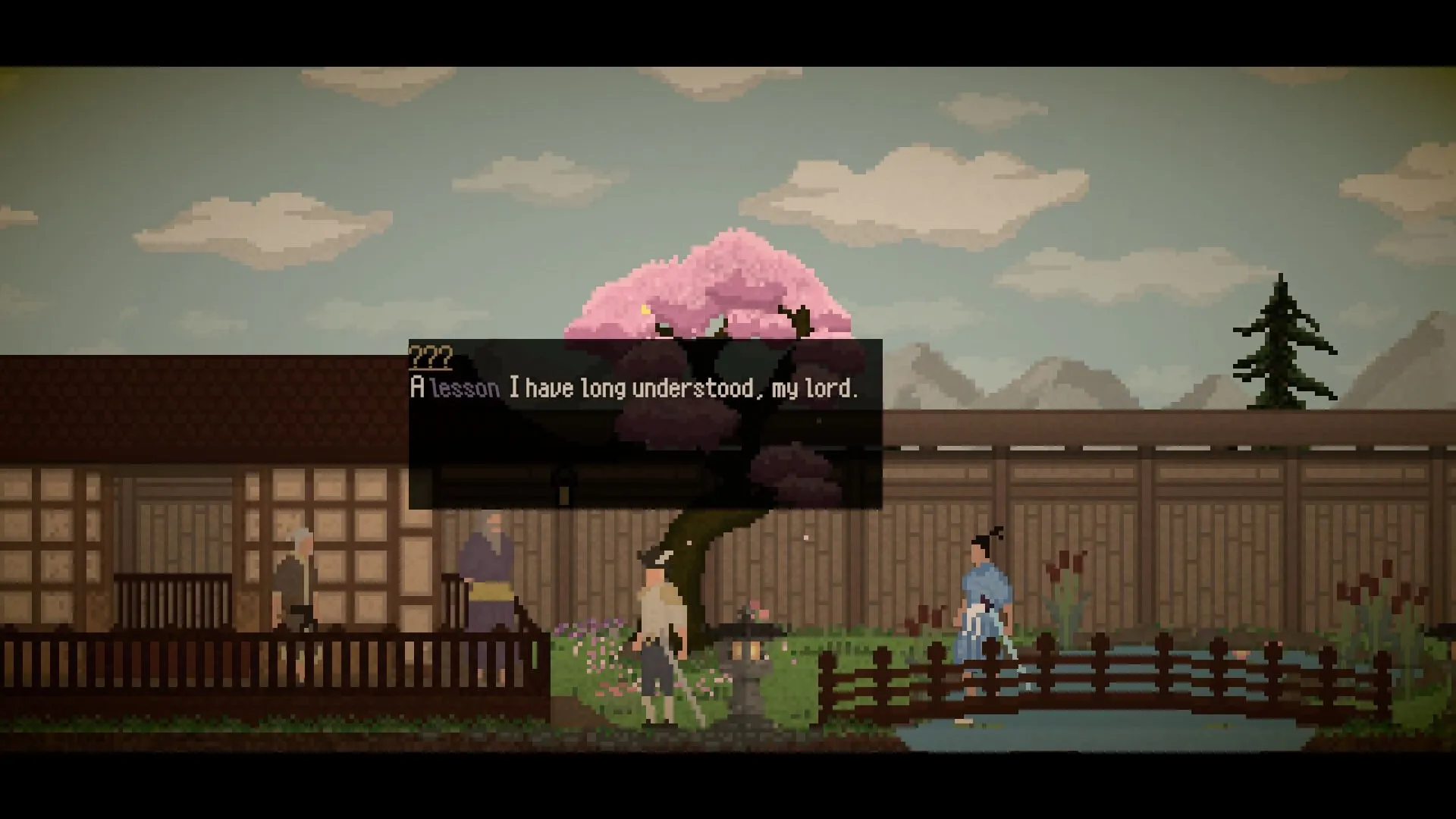 Lotus: Dialogue scene under cherry blossom tree with characters standing near traditional wooden house