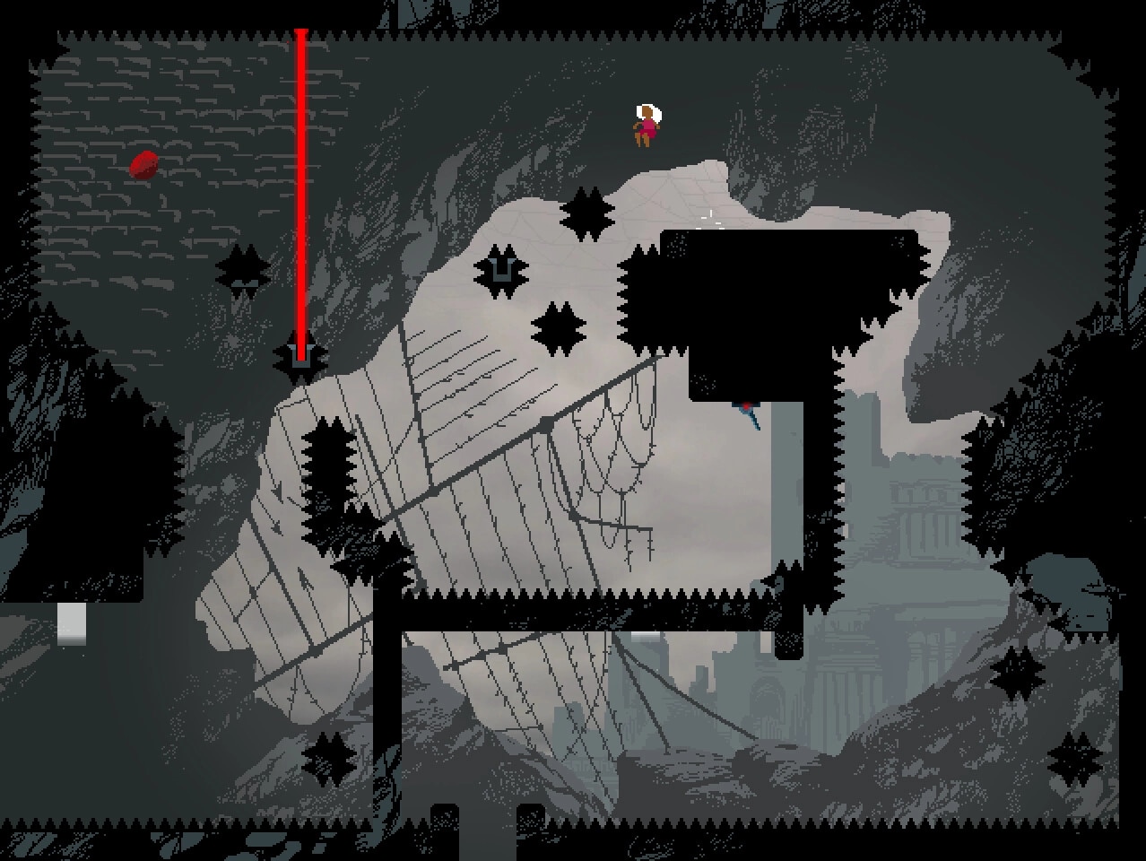 LOVE ETERNAL: Character jumps over spikes in a shadowy castle with cobwebs and ancient ruins.