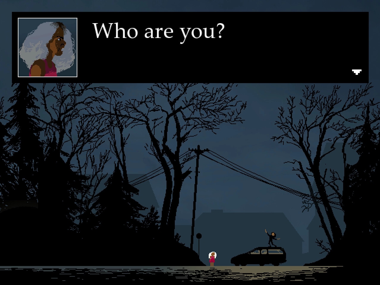 LOVE ETERNAL: Dialogue with character in forest setting, silhouette of person atop car under dark sky.