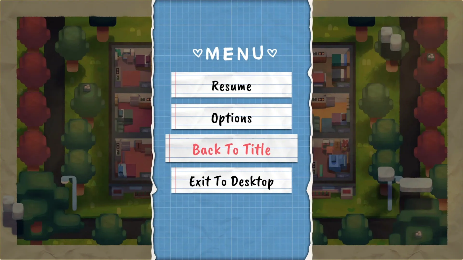 Love In Tiny Spaces: Main menu with options over a city map featuring trees and building interiors.