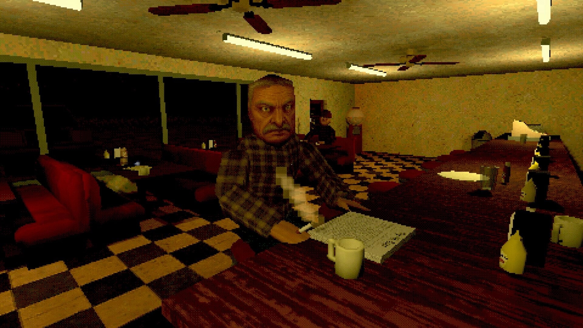 Loveland: Stern man at diner counter holding a paper, coffee mug and bottles in dim booth-lined cafe.