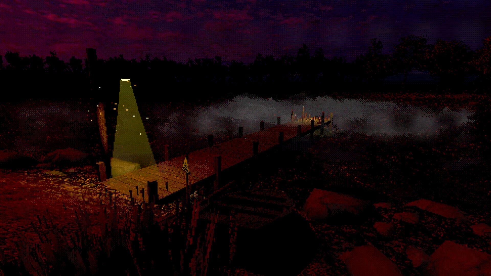 Loveland: Flashlight beam lights a wooden dock over foggy water at dusk under a purple sky.
