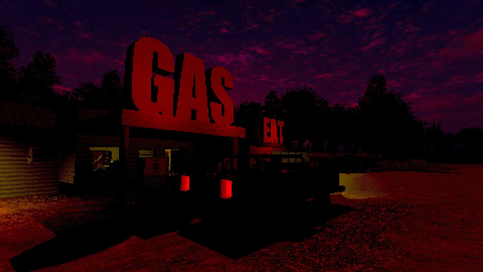 Loveland: View of a gas station with huge GAS sign and dark parking lot under purple night sky.