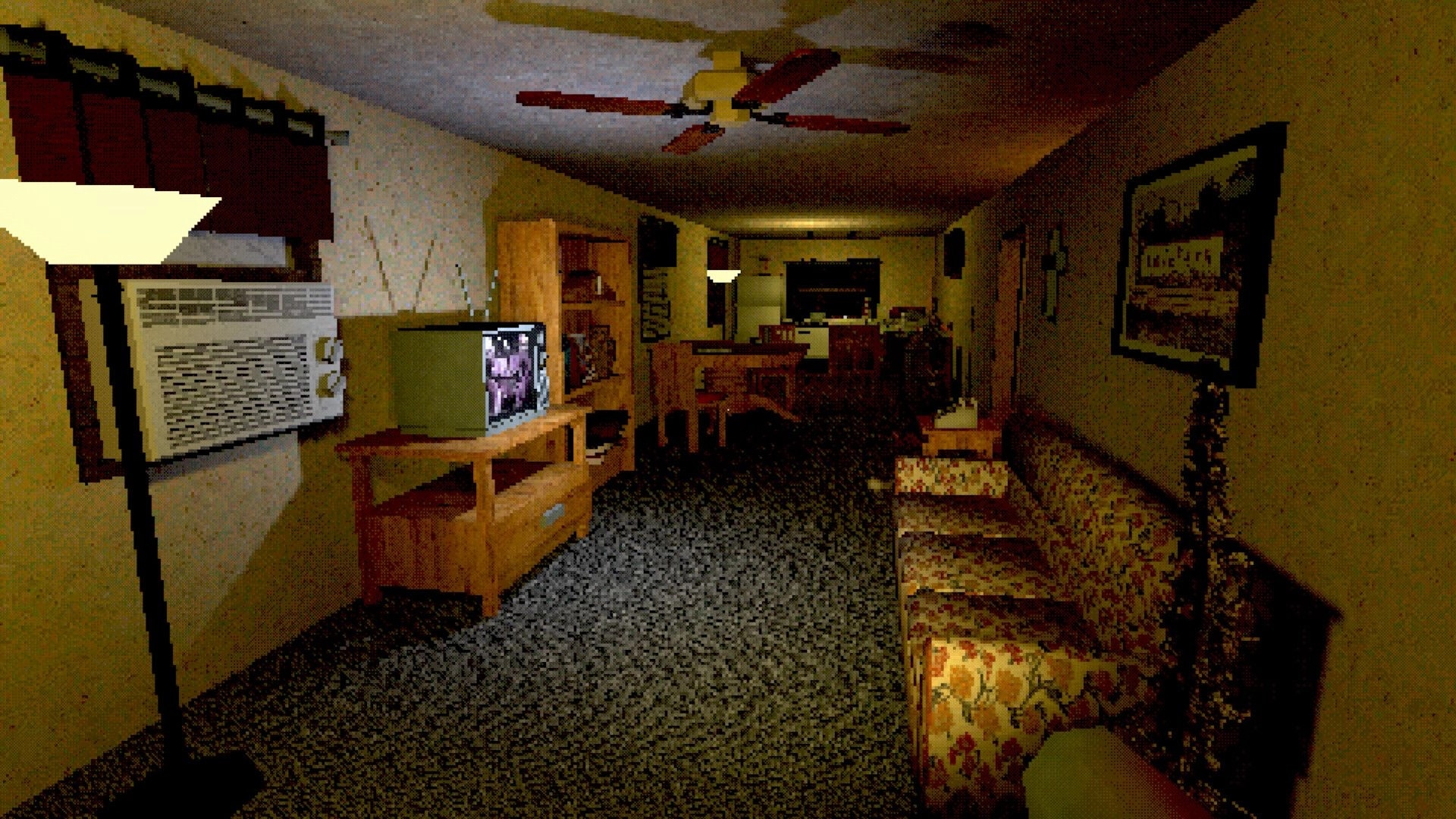 Loveland: First-person view of dim trailer living room with TV static, couch, and ceiling fan overhead.