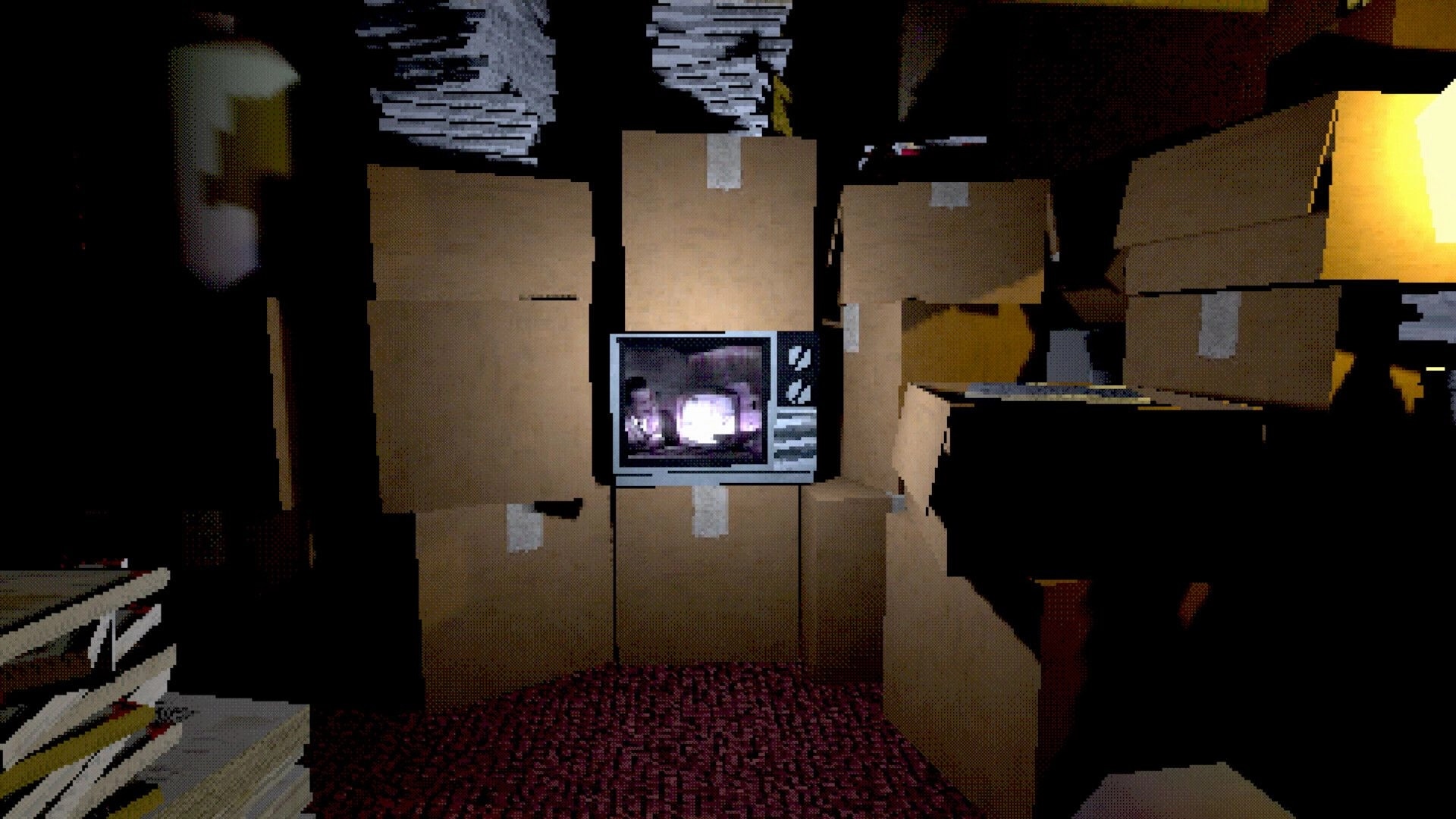 Loveland: Static-filled TV wedged in stacked cardboard boxes inside a dim, cluttered room.