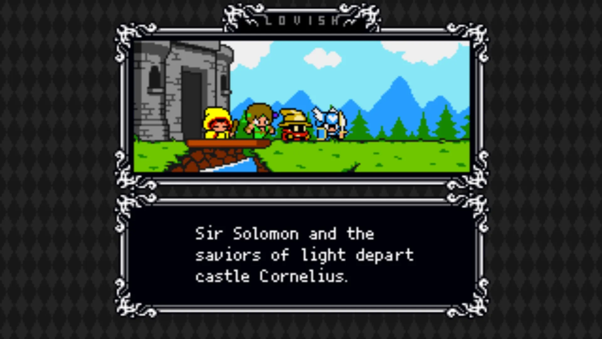 Lovish: Sir Solomon and allies leave castle by river, heading into bright landscape with mountains.