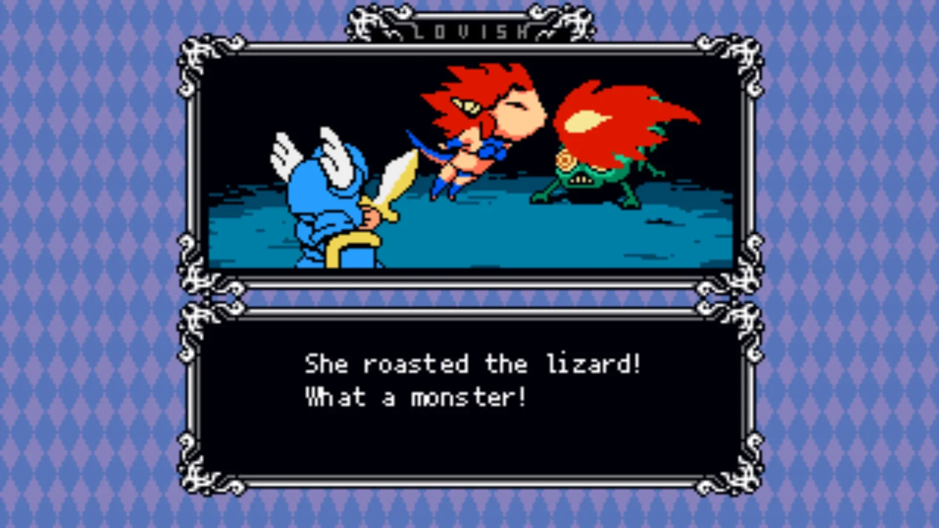 Lovish: Sir Solomon battles fiery-haired ally against a green monster in a pixelated dungeon setting.