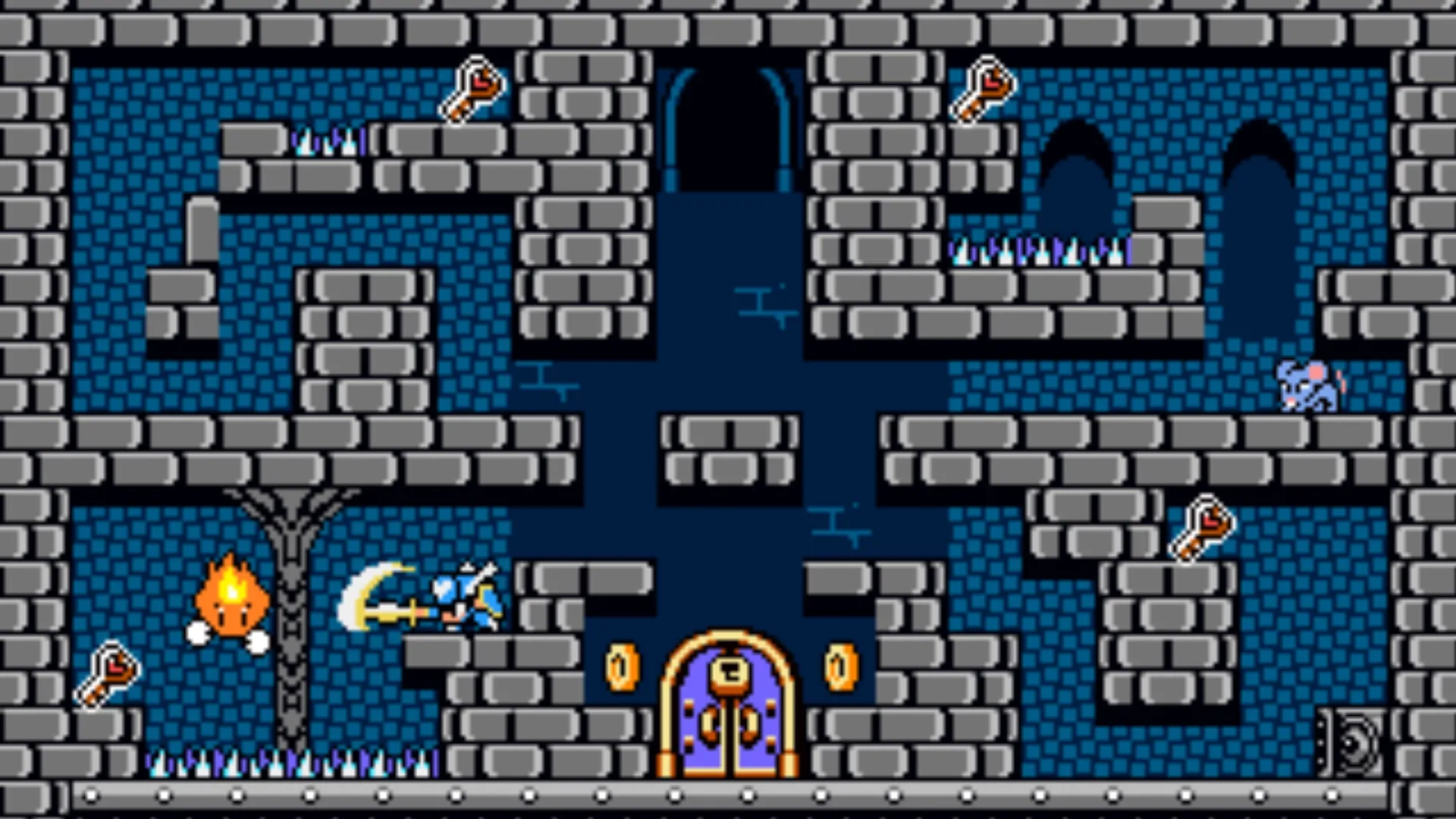 Lovish: Sir Solomon battles a fireball in a dungeon room with keys and spikes scattered around