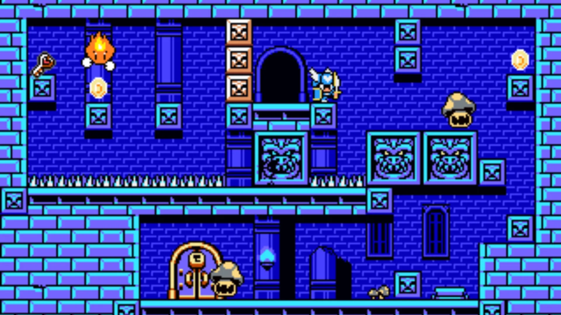 Lovish: Sir Solomon jumps over spikes, collecting coins and keys in a blue dungeon with enemies.