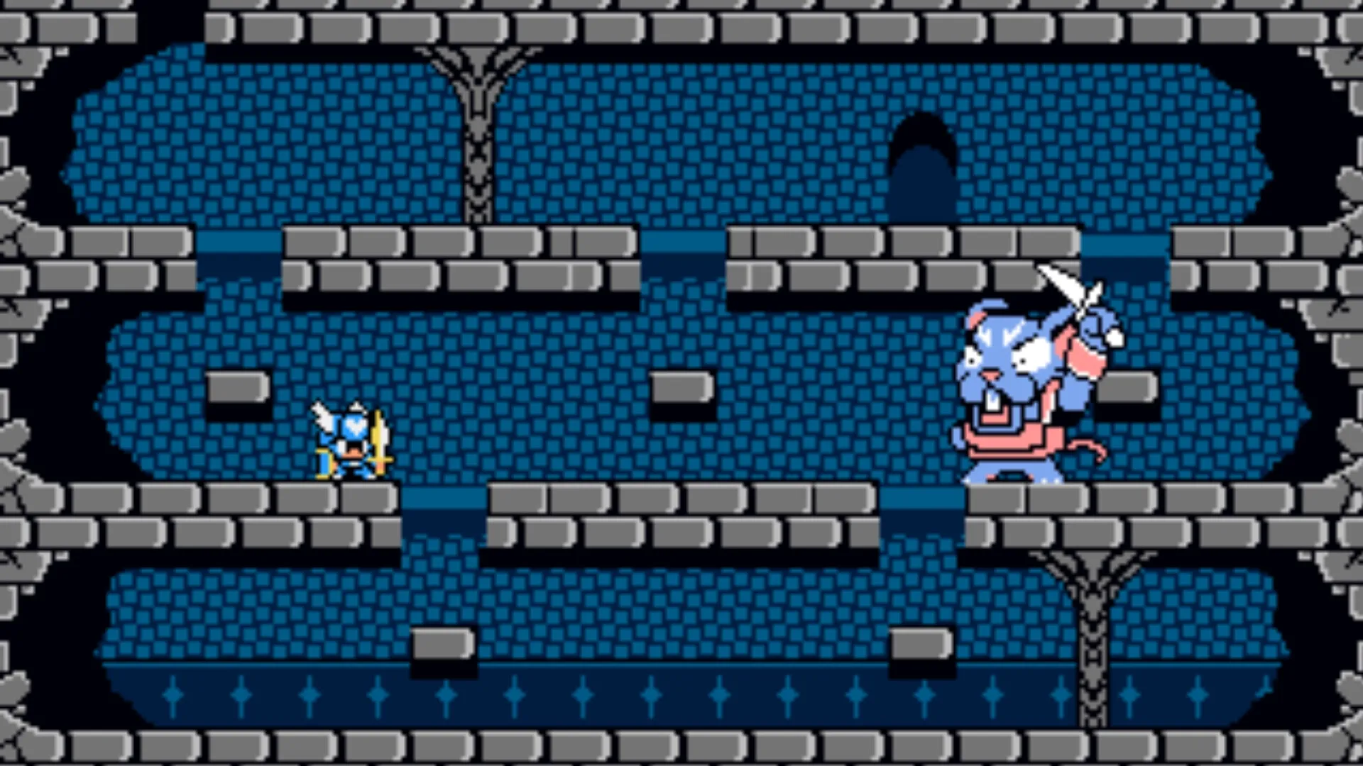 Lovish: Sir Solomon faces a giant blue rat with a sword on stone platforms in a dungeon setting