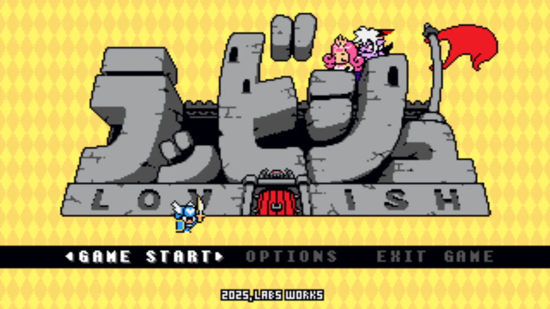 Lovish: Main menu with Sir Solomon, Princess Tsuna, and Devil Lord on castle, options below