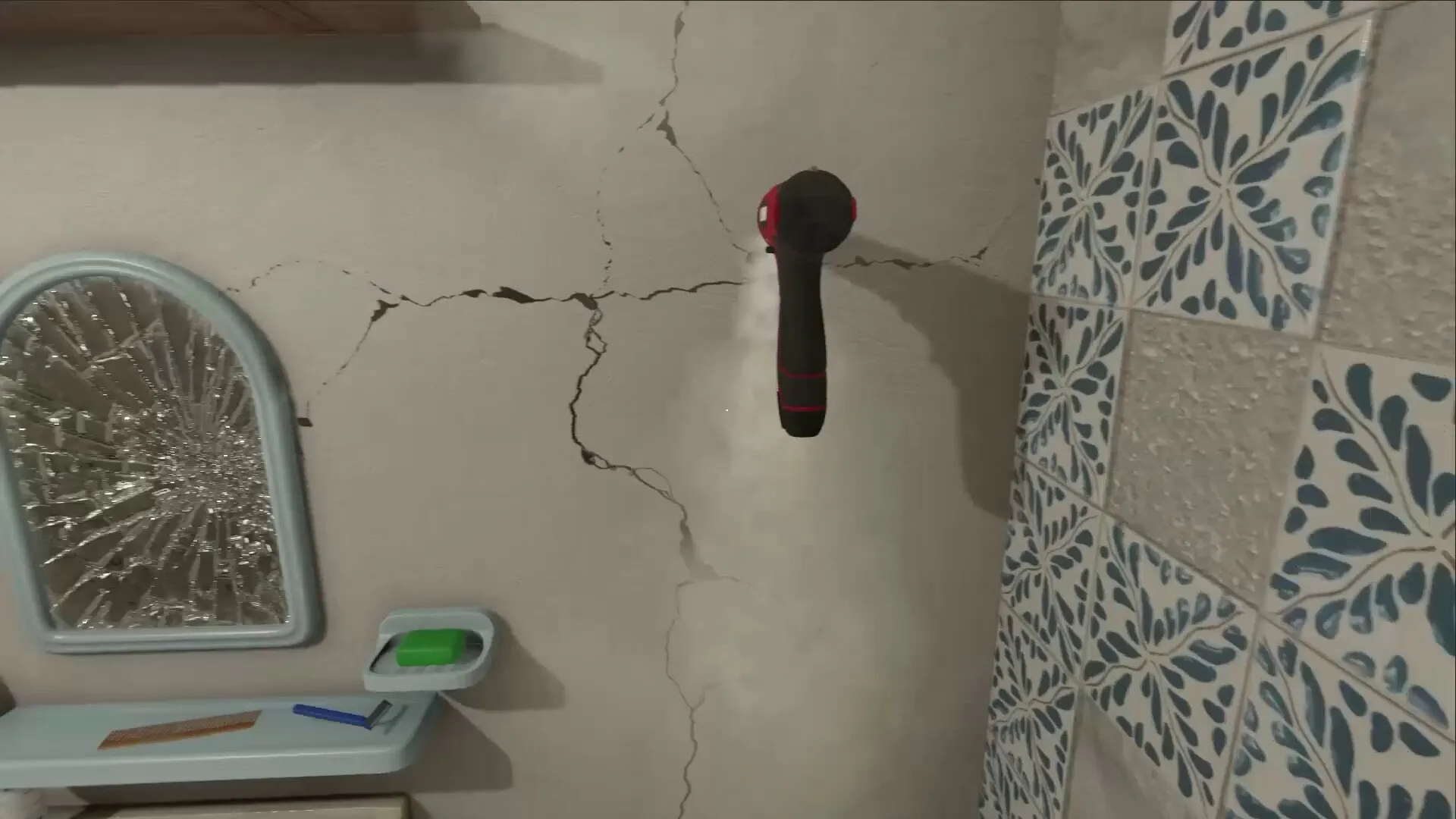 Low-Budget Repairs: Fixing wall cracks with flashlight in worn-out bathroom with broken mirror.