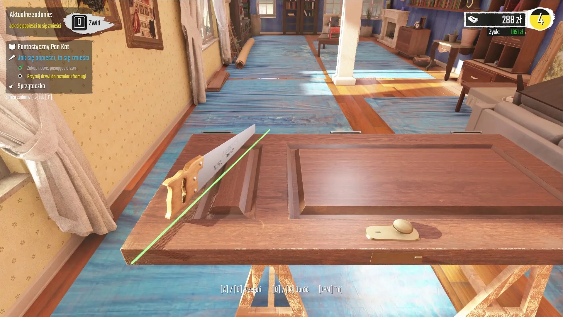 Low-Budget Repairs: Sawing door to fit in a sunlit 90s apartment with blue floors and task menu visible