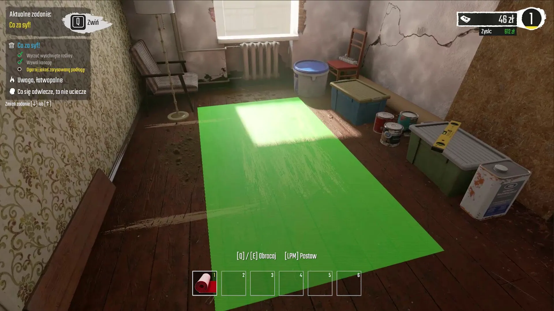 Low-Budget Repairs: Task list and tools in a run-down 90s apartment with green carpet placement area