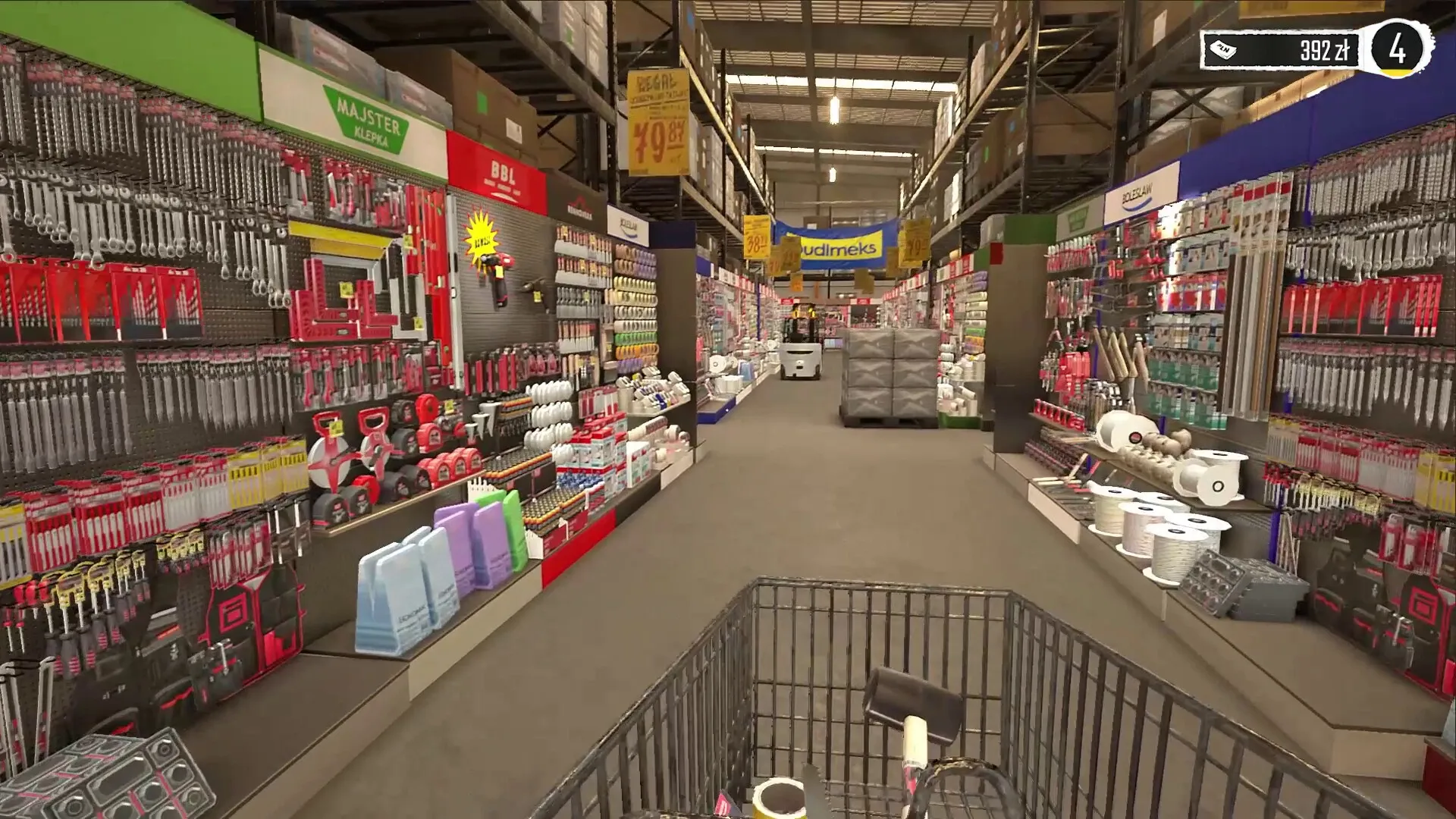 Low-Budget Repairs: Shopping cart view in hardware store aisle filled with tools and supplies