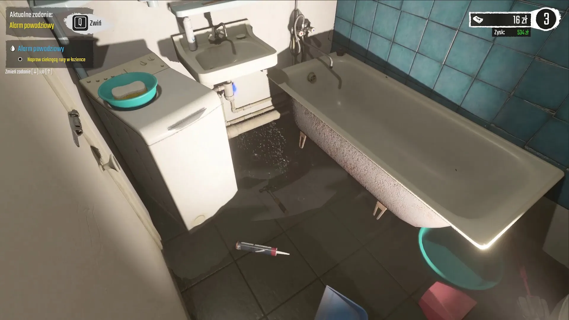 Low-Budget Repairs: Flooded bathroom with leaking pipe task and scattered repair tools visible