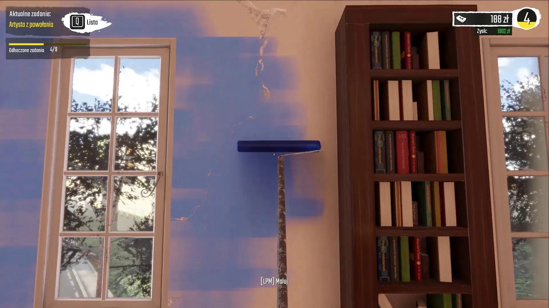 Low-Budget Repairs: Painting a wall with blue roller in a 90s apartment, bookshelves and window visible