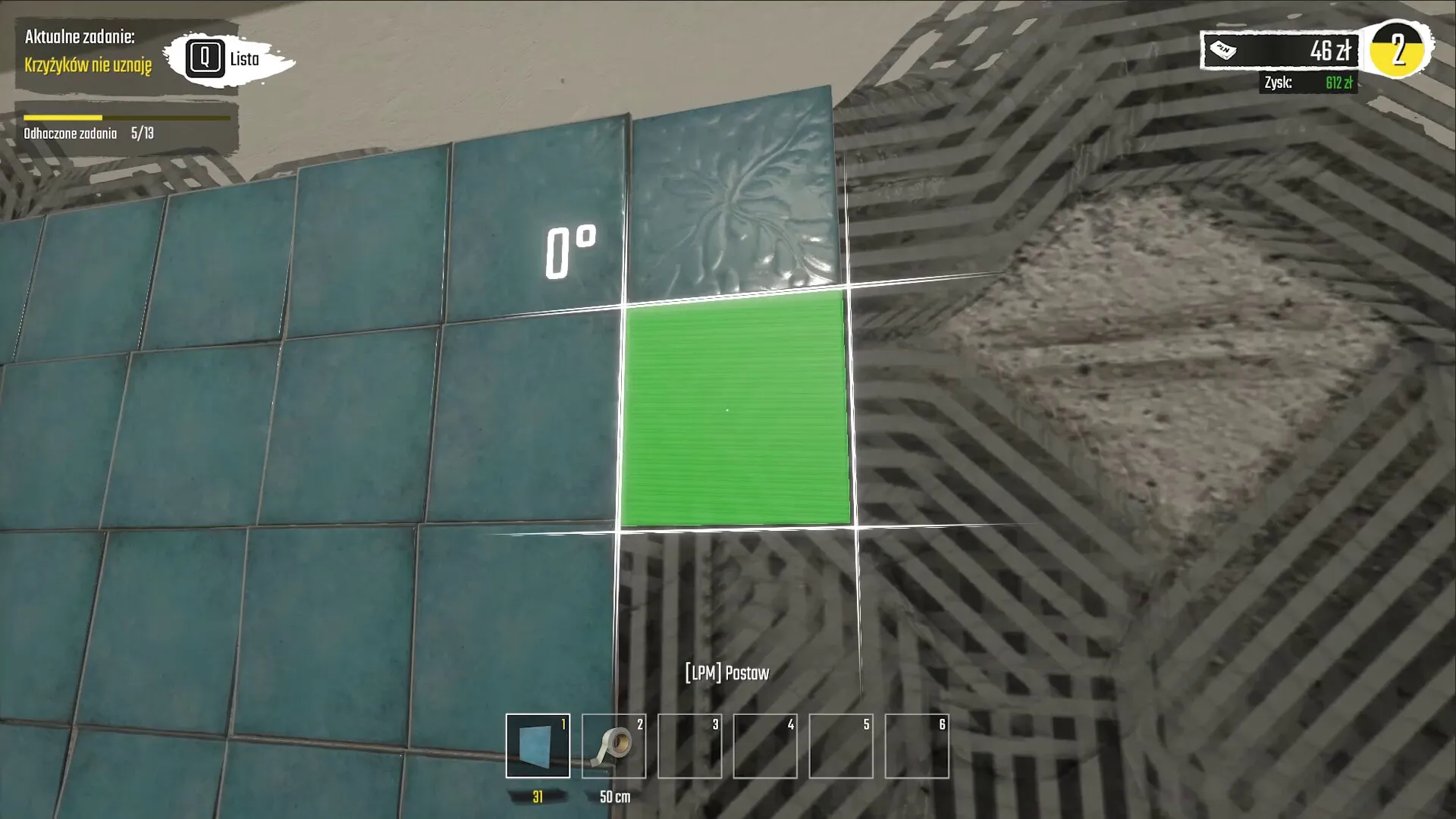 Low-Budget Repairs: Tile placement interface over damaged wall section in apartment renovation project