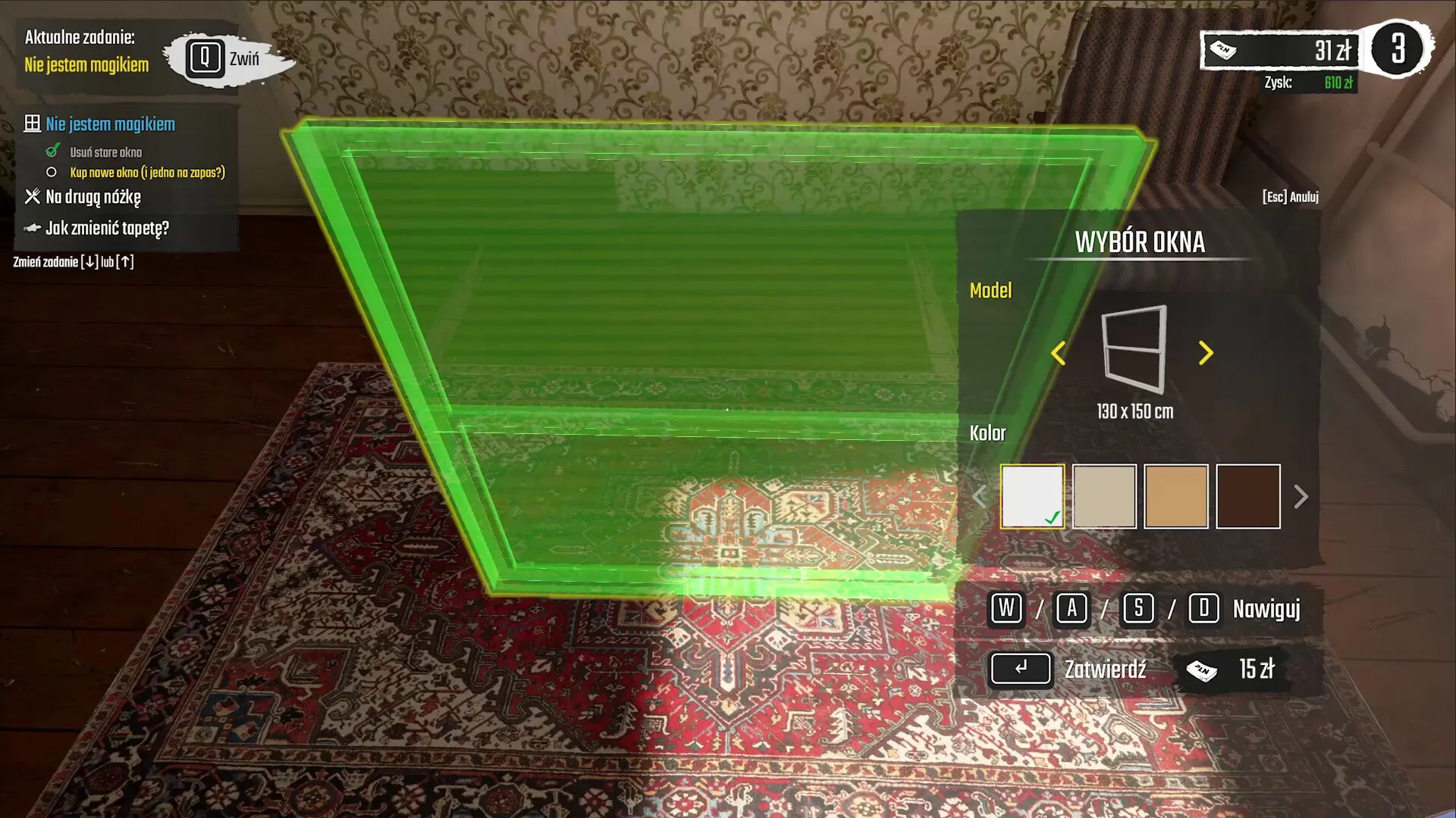 Low-Budget Repairs: Window selection menu over patterned rug in a 90s apartment room