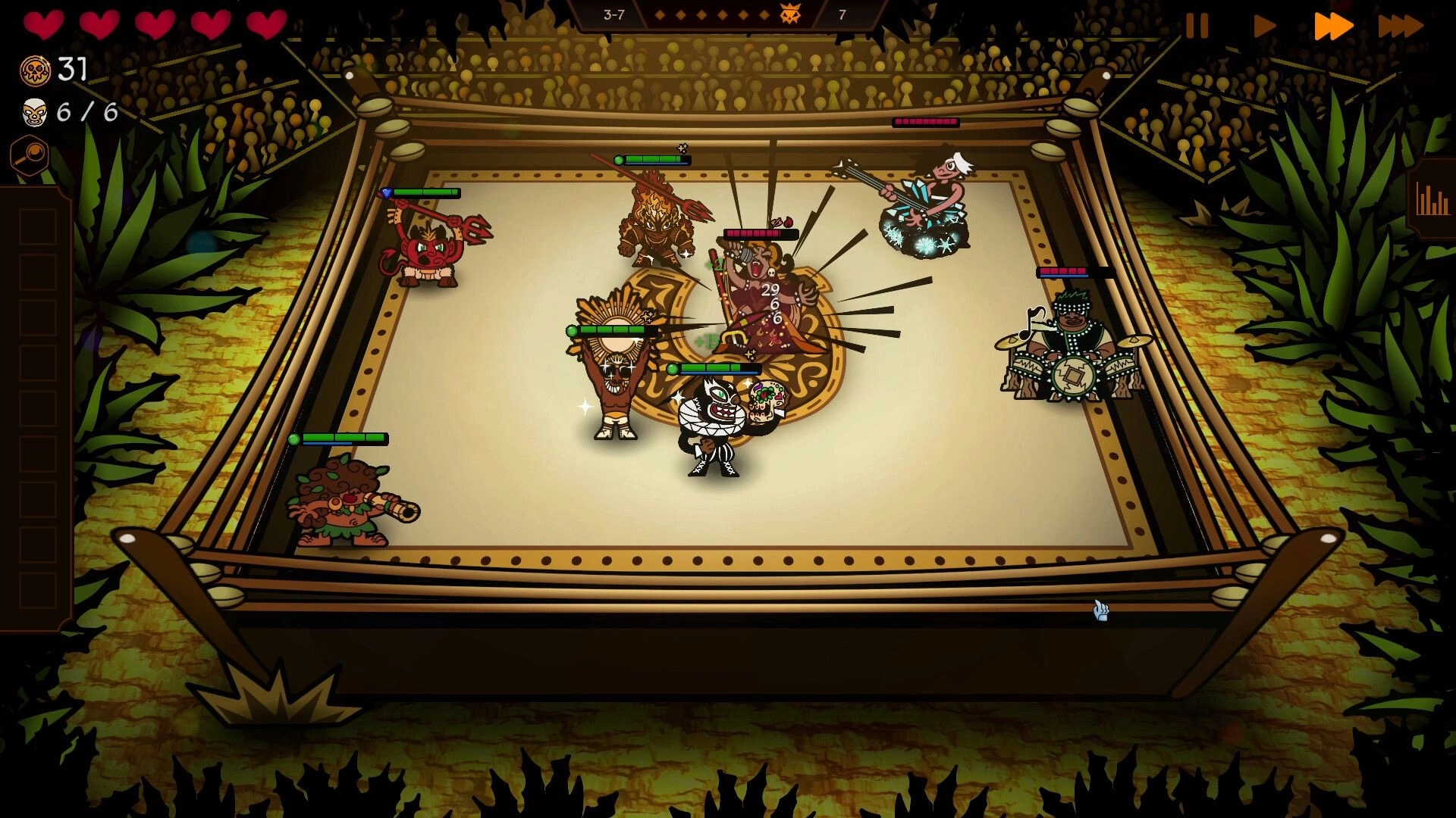 Lucha Chess: Auto-battle in a wrestling ring with masked units attacking, health bars and round 3-7 UI.