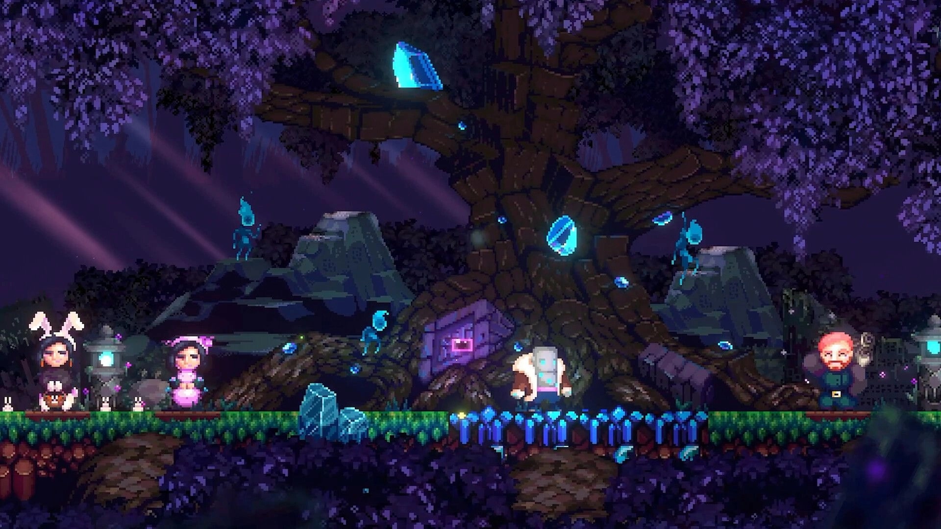 LUCID: Characters explore a mystical forest with glowing crystals and a large ancient tree.