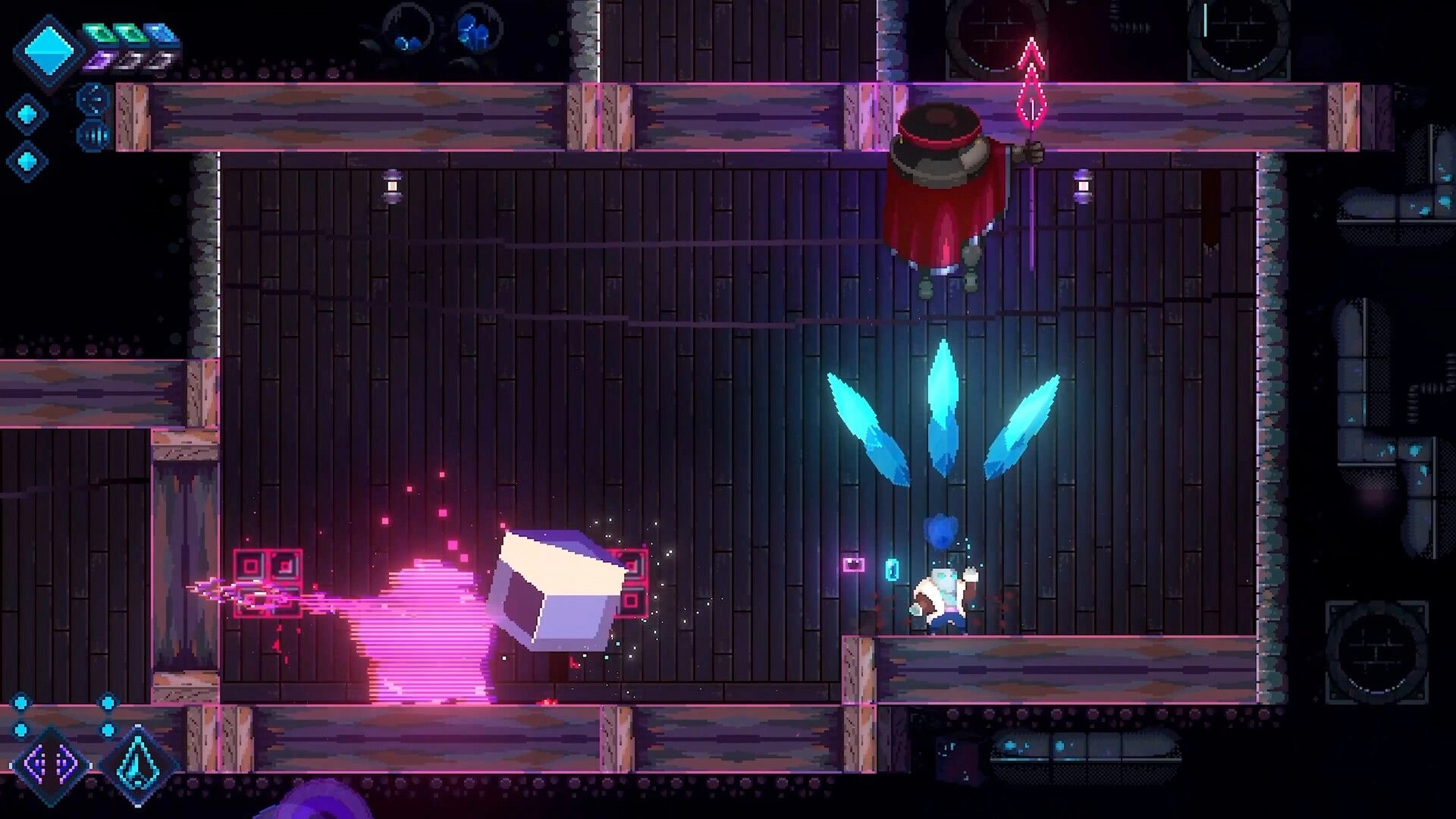 LUCID: Player facing a large cube enemy with glowing effects in a dark wooden corridor setting