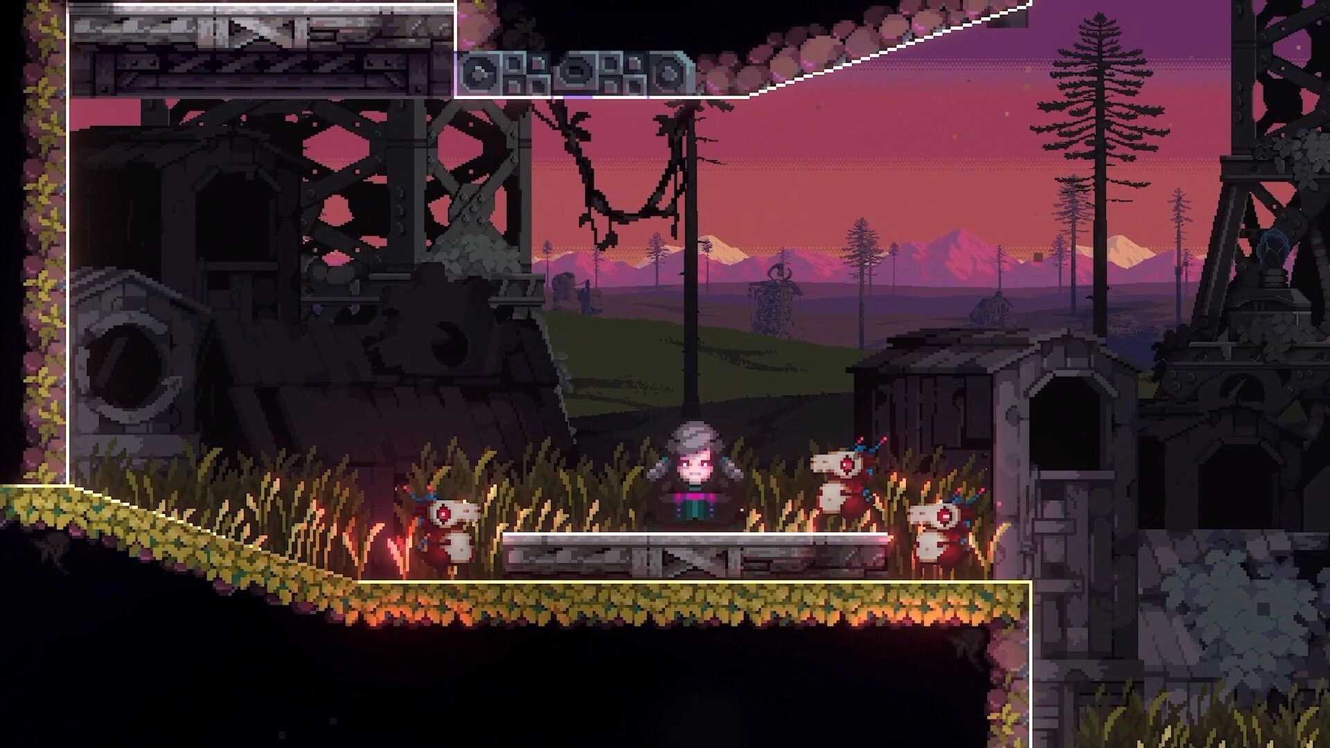 LUCID: Character encounters two creatures in overgrown ruins with sunset mountains in the background.