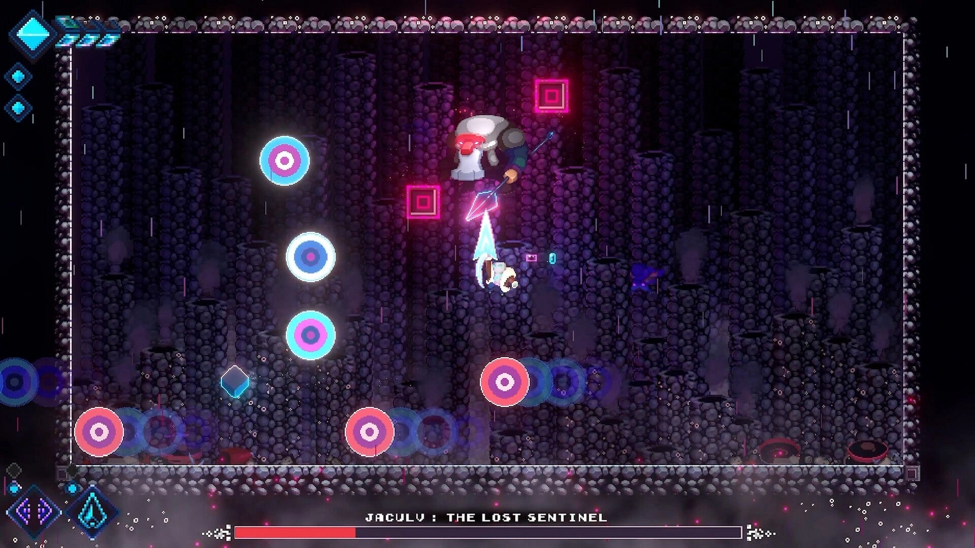 LUCID: Player battles Jaculv with energy beams in a dark cavern setting, health bar displayed below