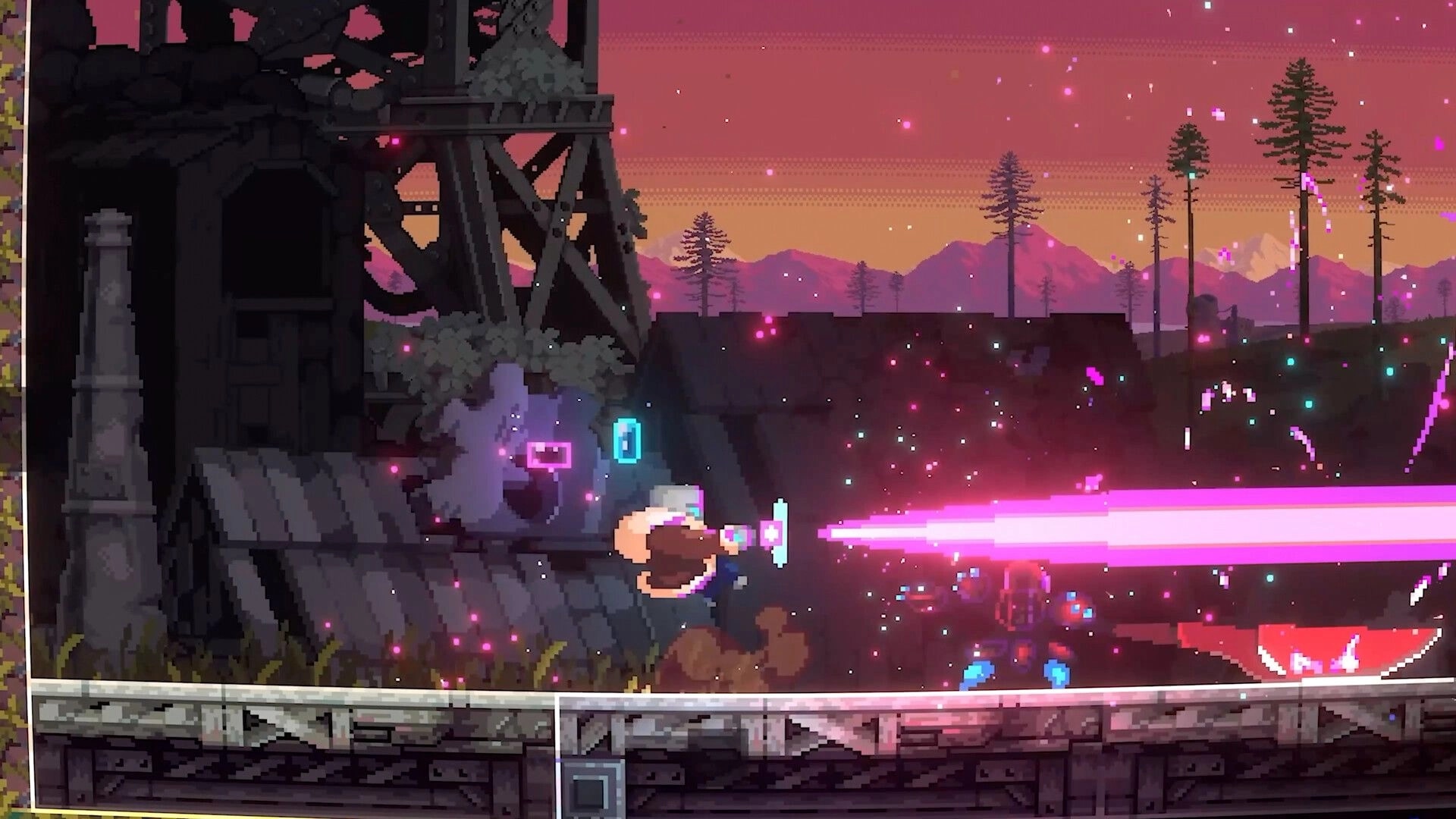 LUCID: Character fires pink energy beam at enemy in industrial ruin with vibrant sunset background