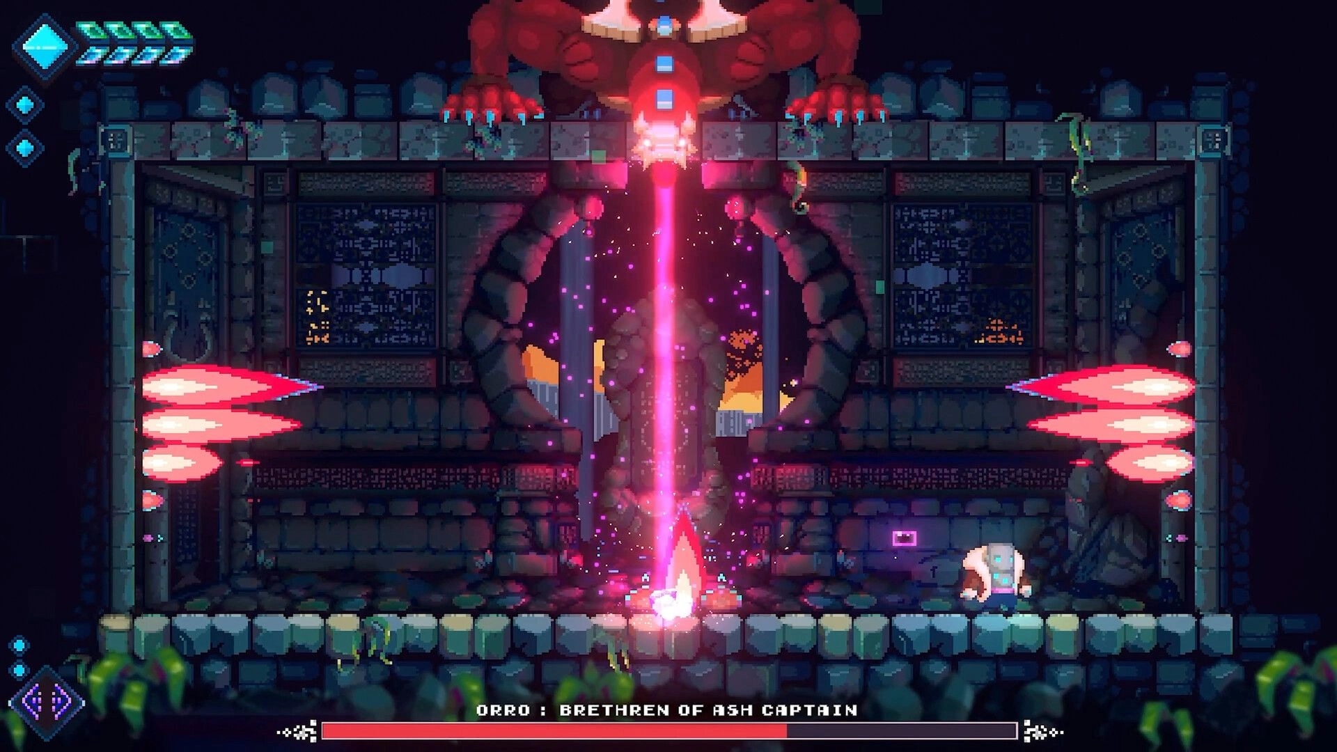 LUCID: Player battles Orro boss with energy beam in ancient stone temple environment