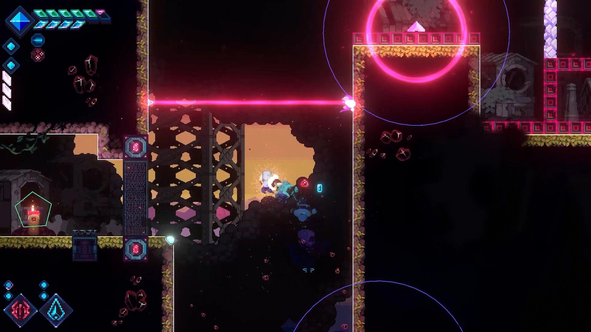 LUCID: Character navigates platform with laser obstacles in a dark cave environment, HUD icons visible.