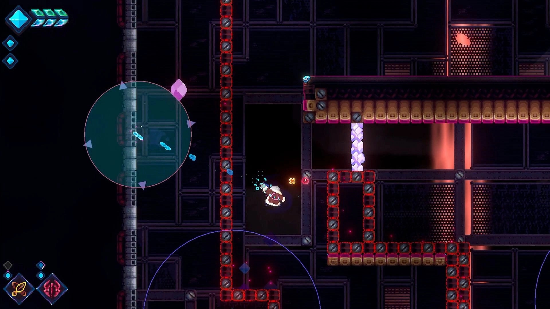 LUCID: Character navigating a dark labyrinth with glowing barriers and circular radar interface visible